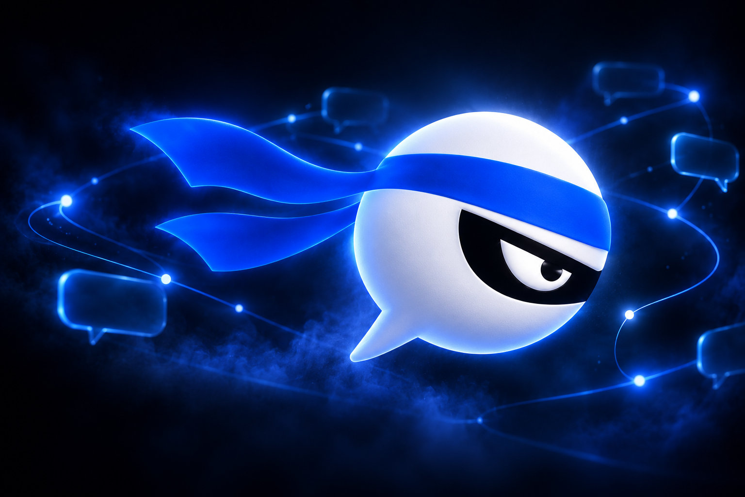 El ninja de FlujoChat emerge de las sombras entre caminos de luz azul que conectan conversaciones.